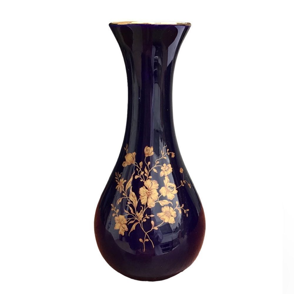 Limoges Castel France Blue Small Vase 22k Gold Trim And Gold Print